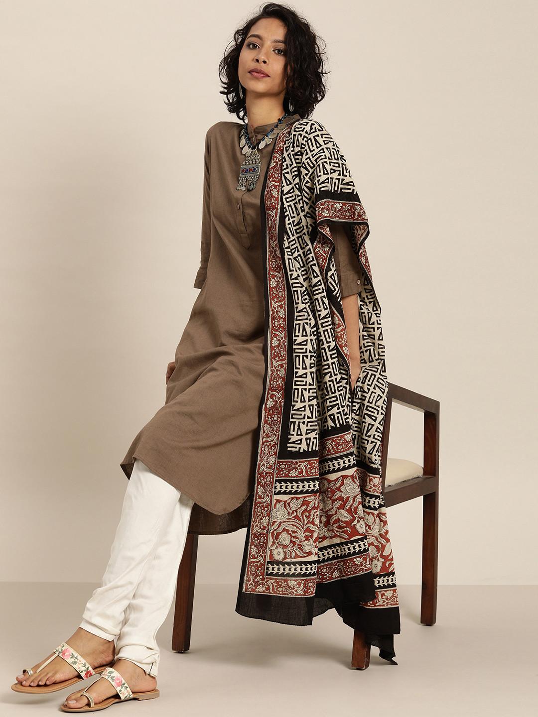 Taavi Women Beige & Black Bagru Hand Block Print Cotton Dupatta