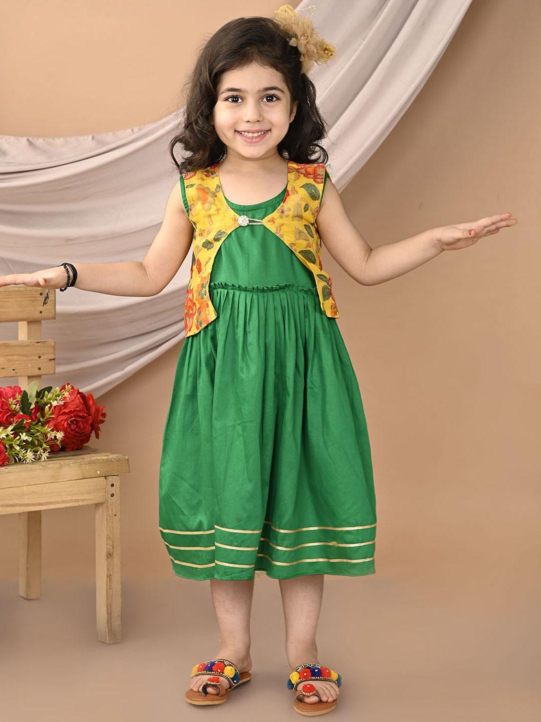 Sangria Girls Fit and Flare Ethnic Dress With Printed Jacket