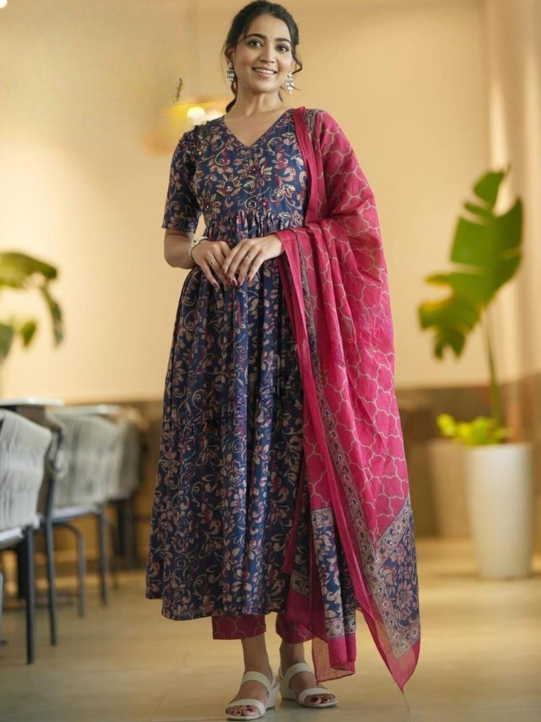 KALINI Floral Printed V-Neck Empire Anarkali Kurta With Trousers & Dupatta