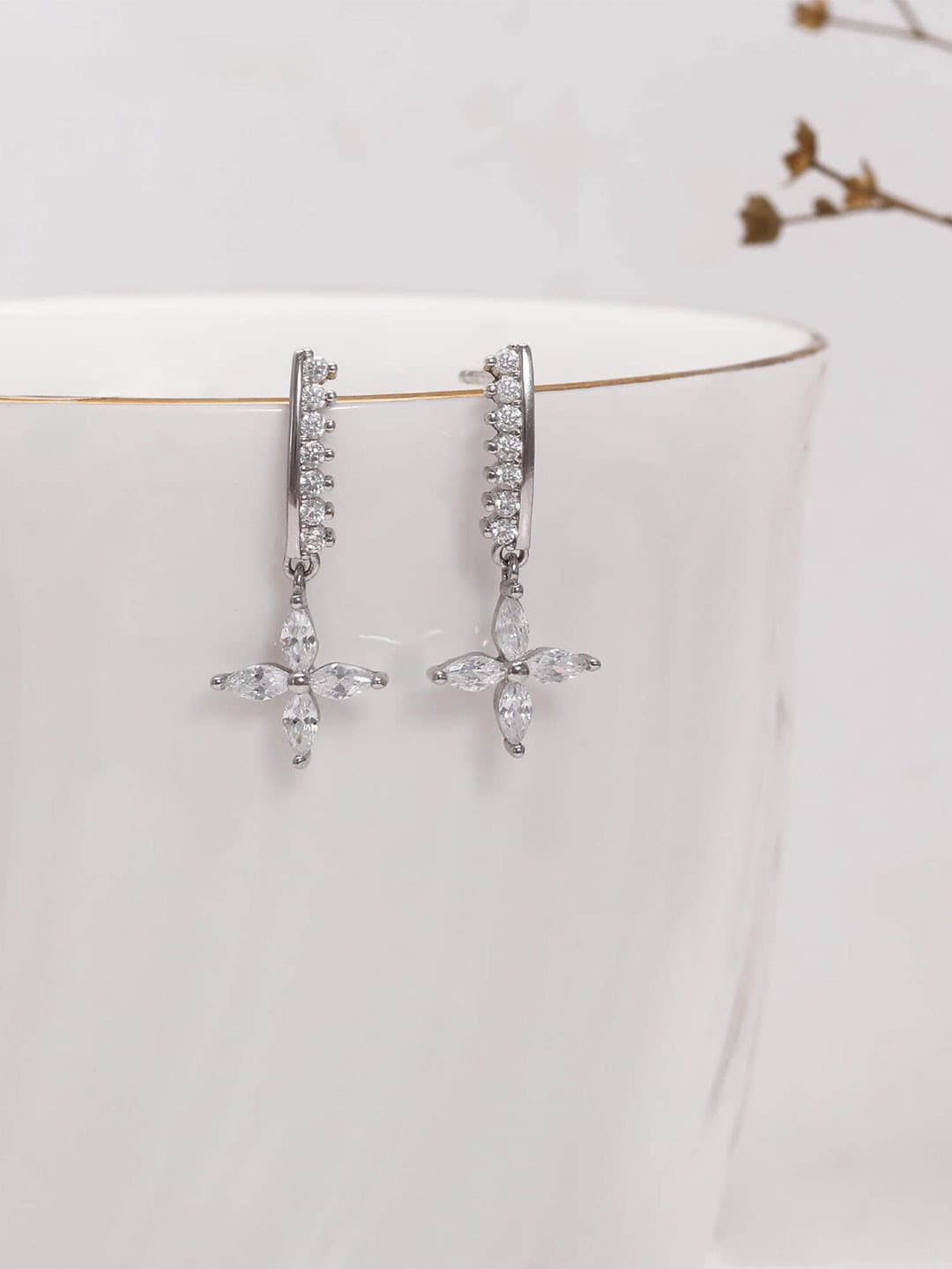 GIVA 925 Sterling Silver Rhodium-Plated Zircon Studded Floral Drop Earrings