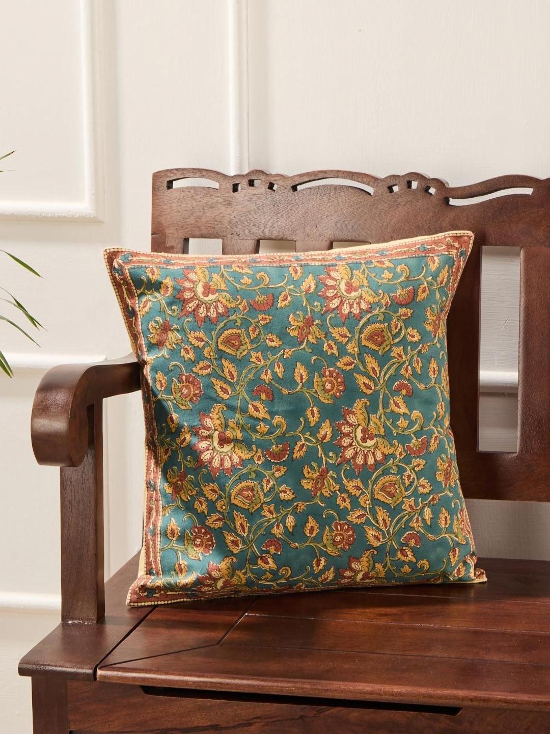 Fabindia Raine Teal Floral Cotton Breathable Square Cushion Cover - 15.7 x 15.7 Inches