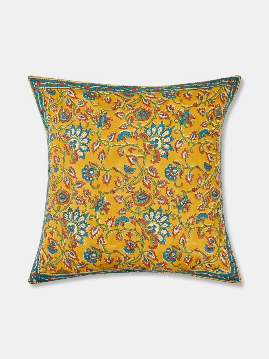 Fabindia Yellow Floral Cotton Washable Square Cushion Cover -16x16In