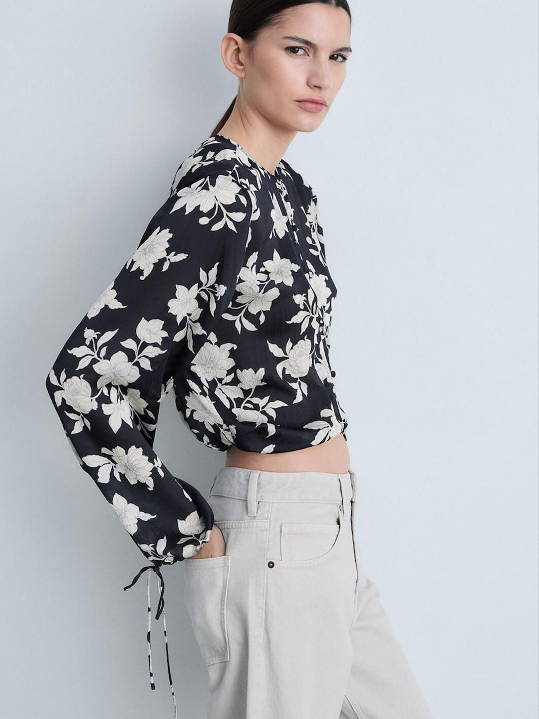 MANGO Floral Print Satin Crop Blouson Top