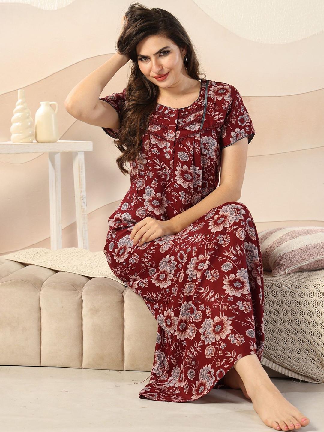 Glamoras Women Alfine Cotton Blend Printed Side Pocket Maxi Night Gown Nightdress