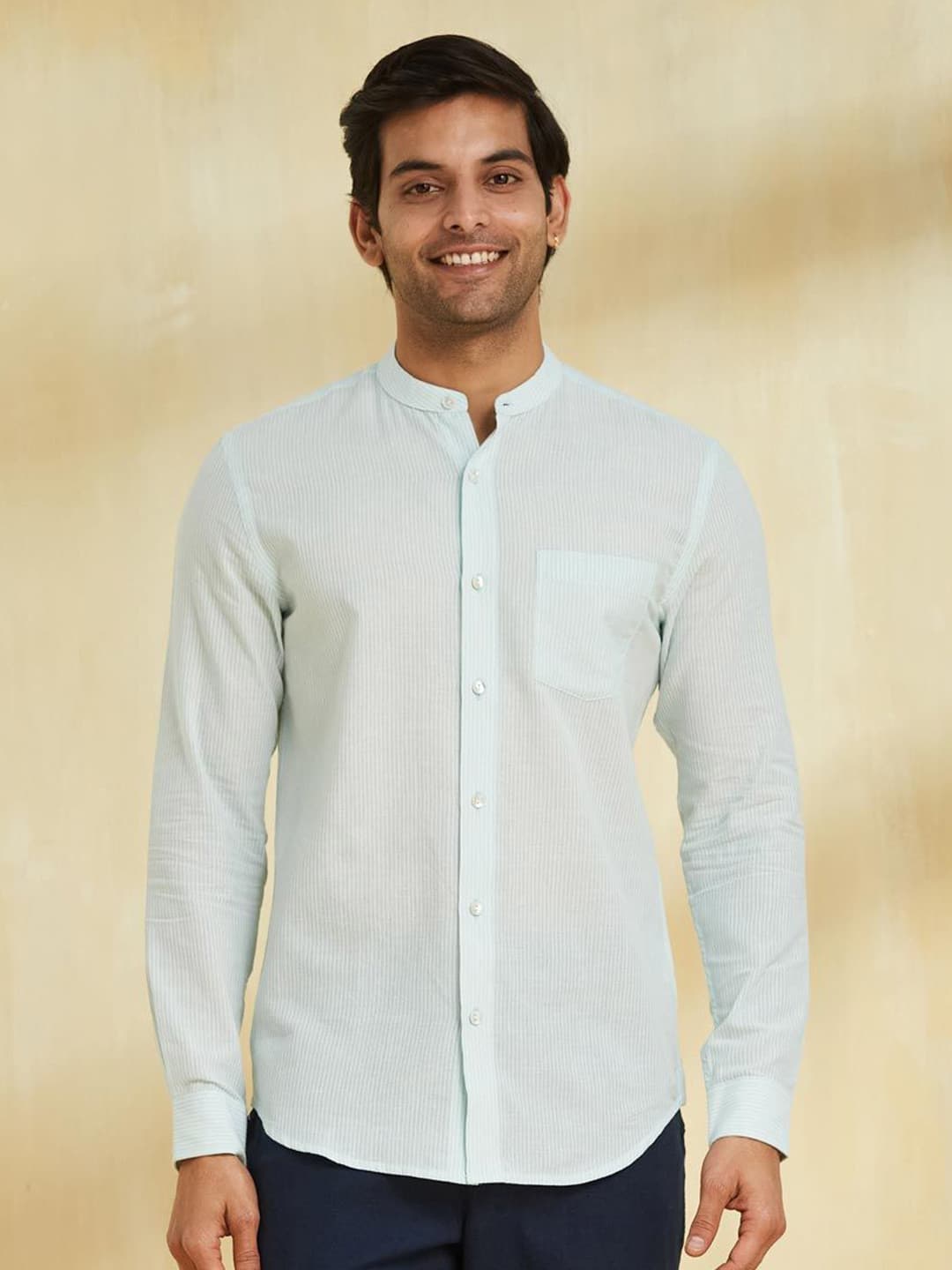 Fabindia Men Slim Fit Band Collar Vertical Striped Cotton Casual Shirt