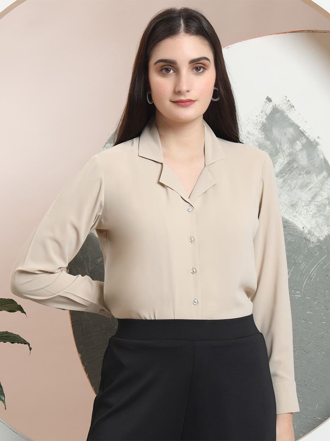 FITHUB Women Cuban Collar Solid Cotton Formal Shirt