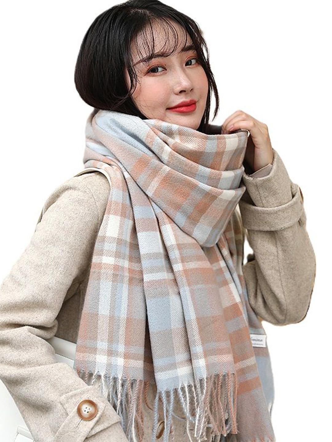 Alexvyan Women Winter Big Checked Large Warm Fringed Woolen Soft Wrap & Stoles