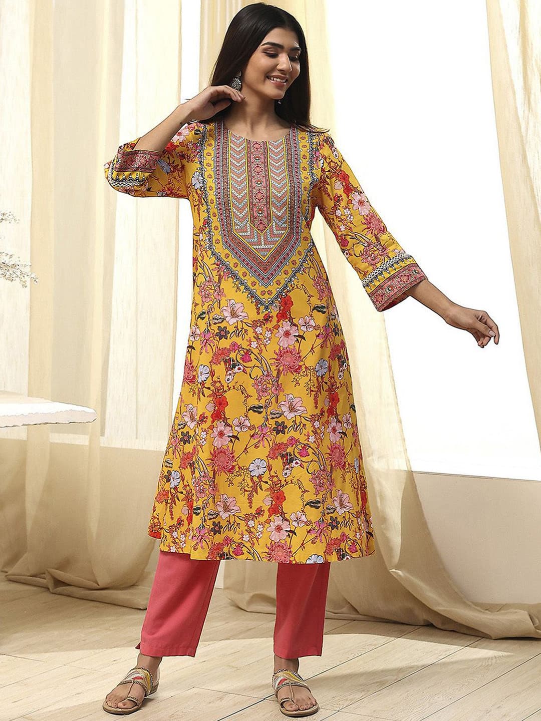 Biba Women Floral Embroidered Flared Sleeves Mirror Work Anarkali Kurta