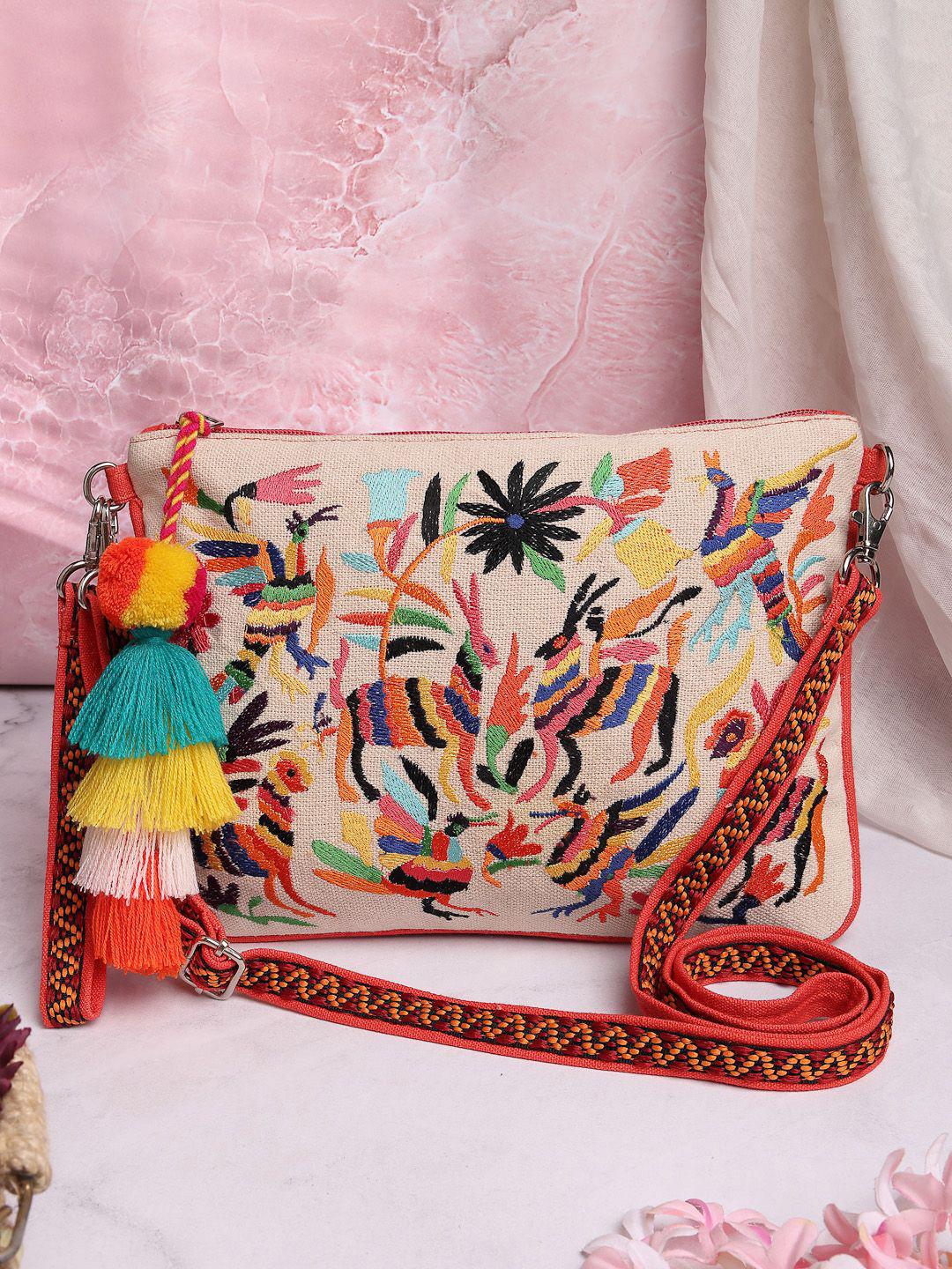 Anekaant Quirky Embroidered Structured Tasselled Cotton Canvas Sling Bag