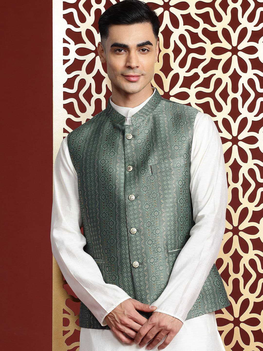MANQ Ethnic Motifs Woven Design Nehru Jacket