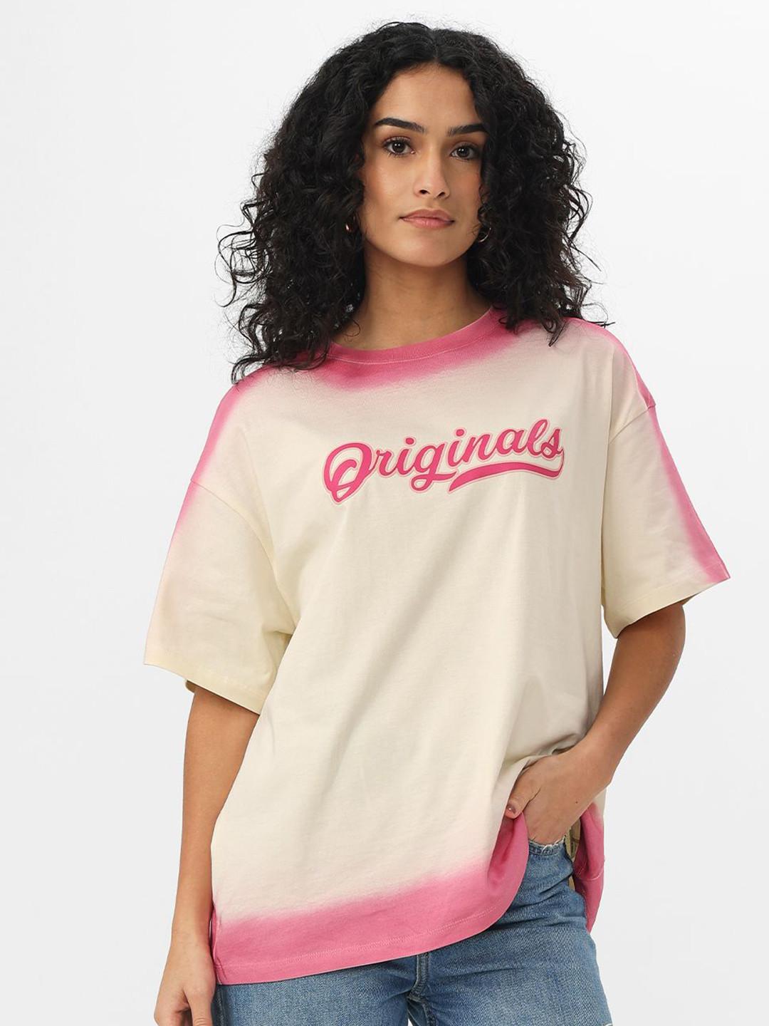 The Souled Store Women Oversized Fit Printed Cream T-Shirts