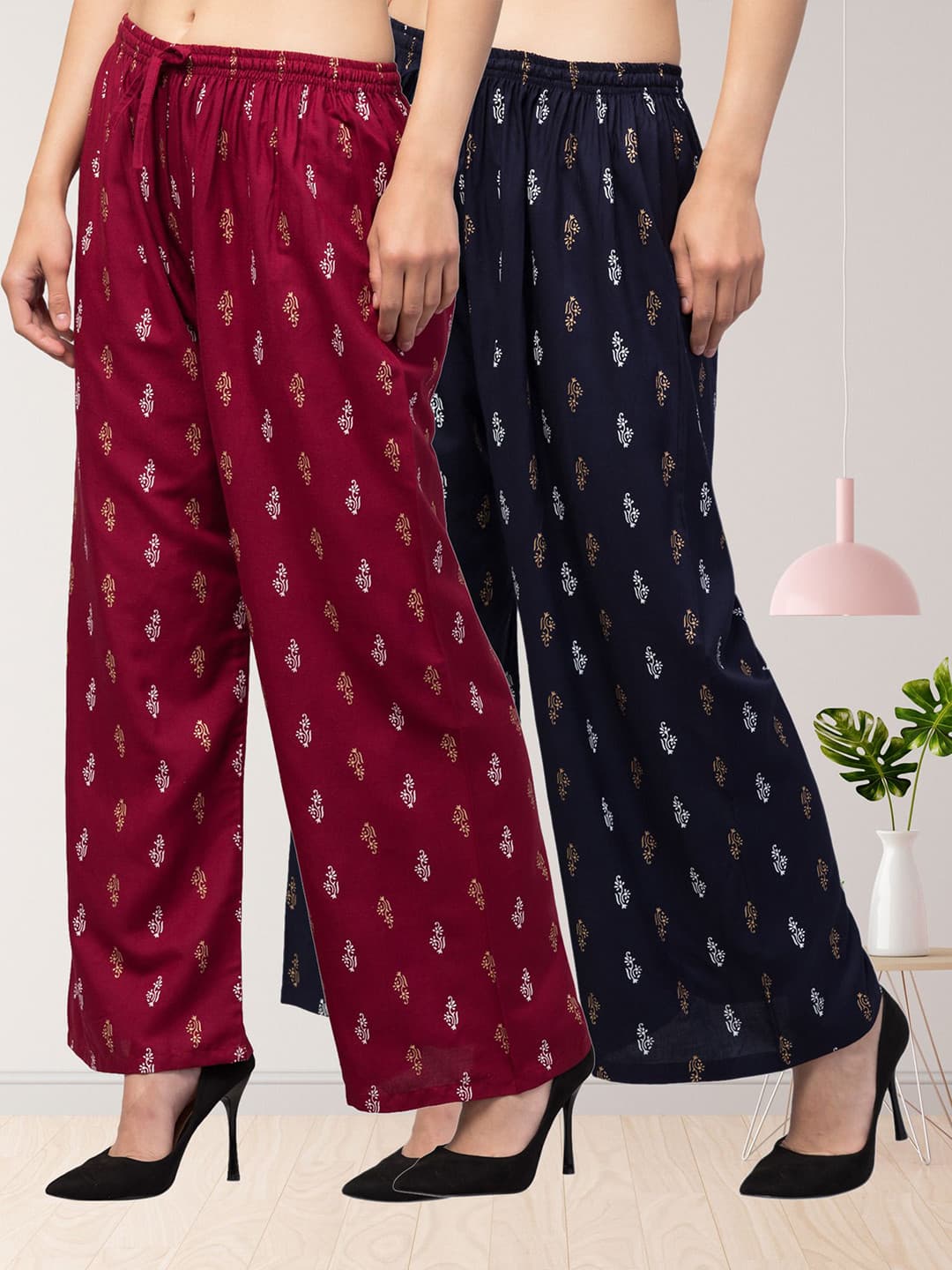 FAMBEE Women 2 Floral Printed Flared Knitted Palazzos