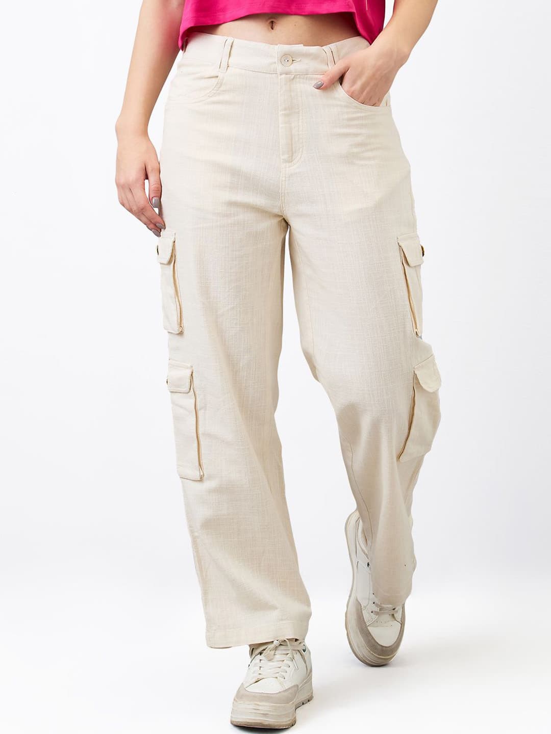 SPYKAR Women Loose Fit High-Rise Cotton Cargo Trouser