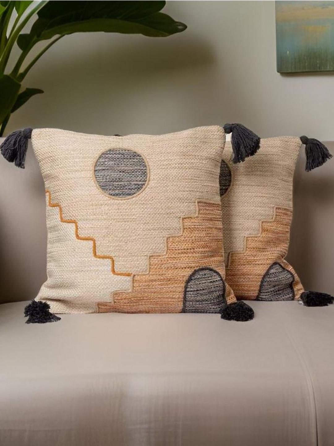 Aura Brown & Beige 2 Pieces Geometric Printed Square Cushion Covers