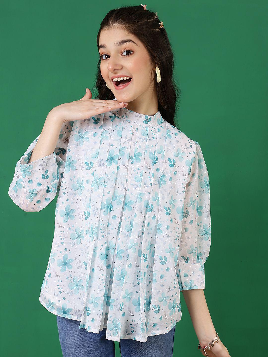 Ishti Girls Three Fourth Sleeves Floral Printed Mandarin Collar Top