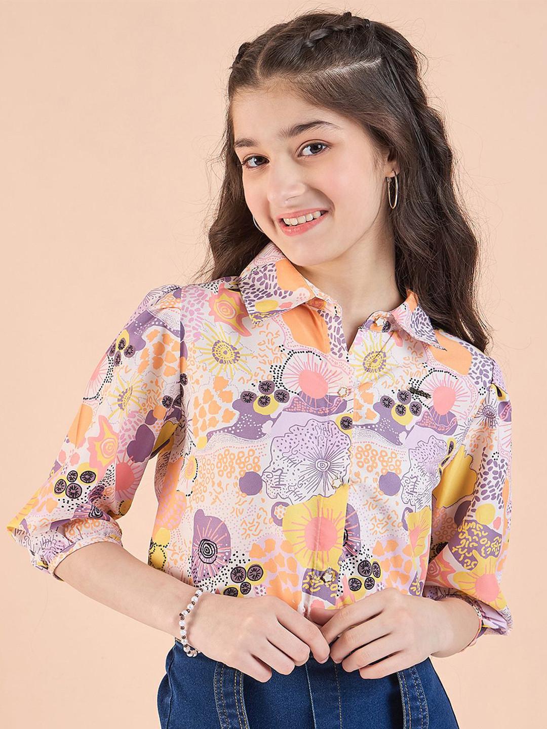 StyloBug Girls Printed Puff Sleeves Shirt Style Top