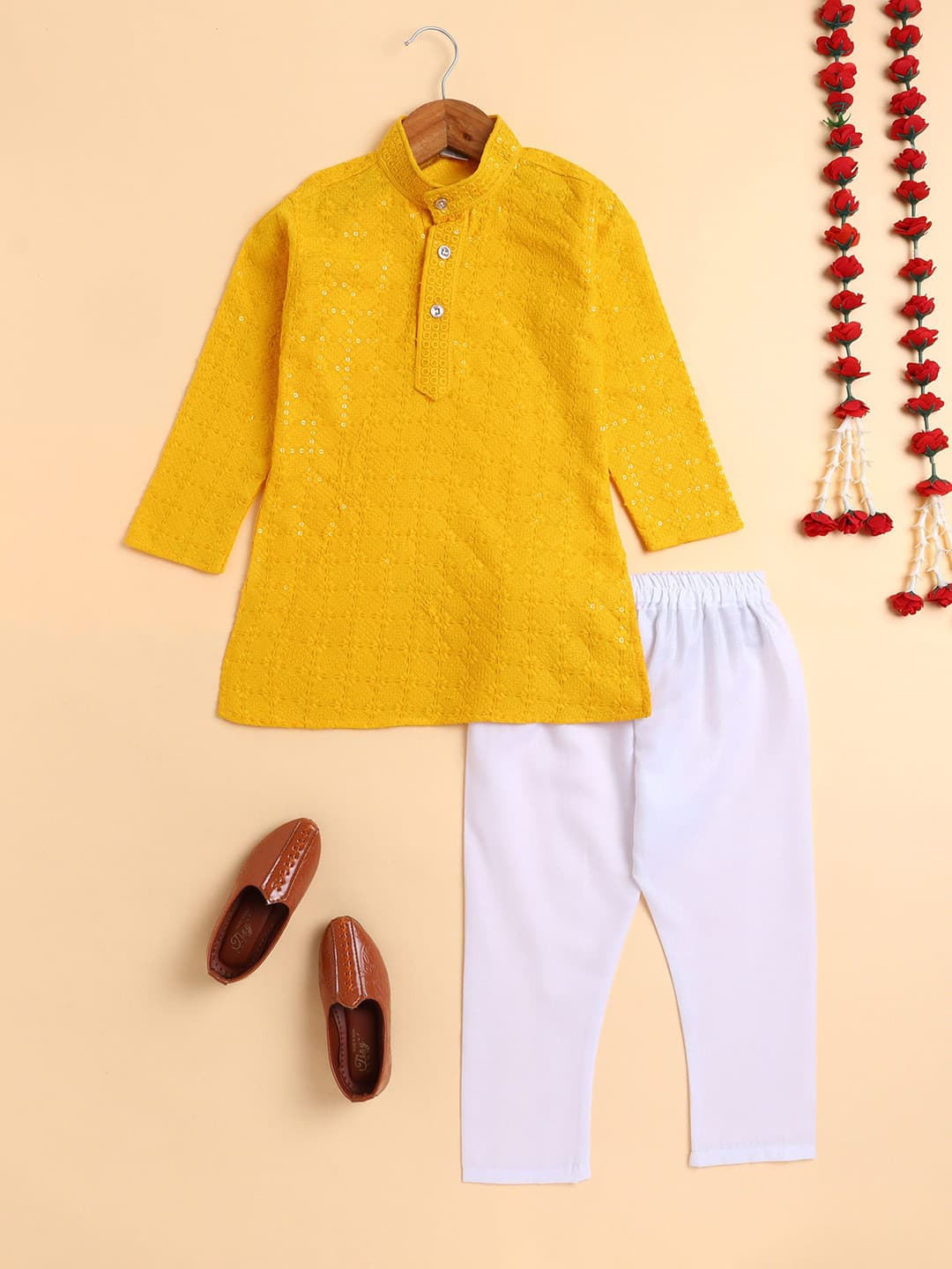Sangria Boys Floral Embroidered Sequined Mandarin Collar Chikankari Kurta & Trousers