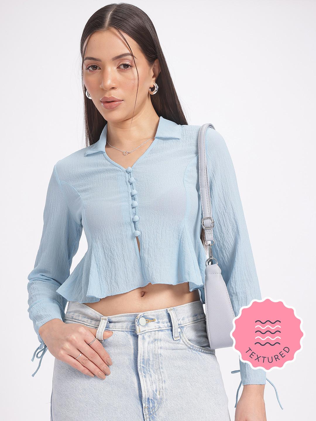 glitchez Textured Cropped Peplum Top
