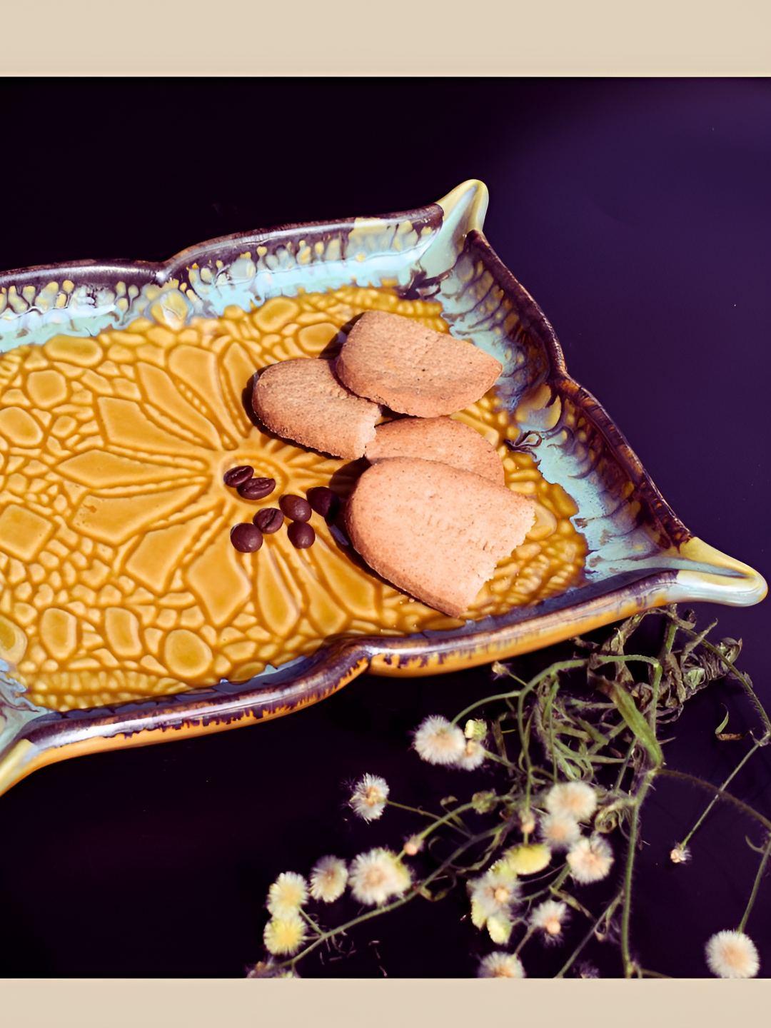 TheYUGO Brown & Yellow Ceramic Hand Embossed Snack Platter