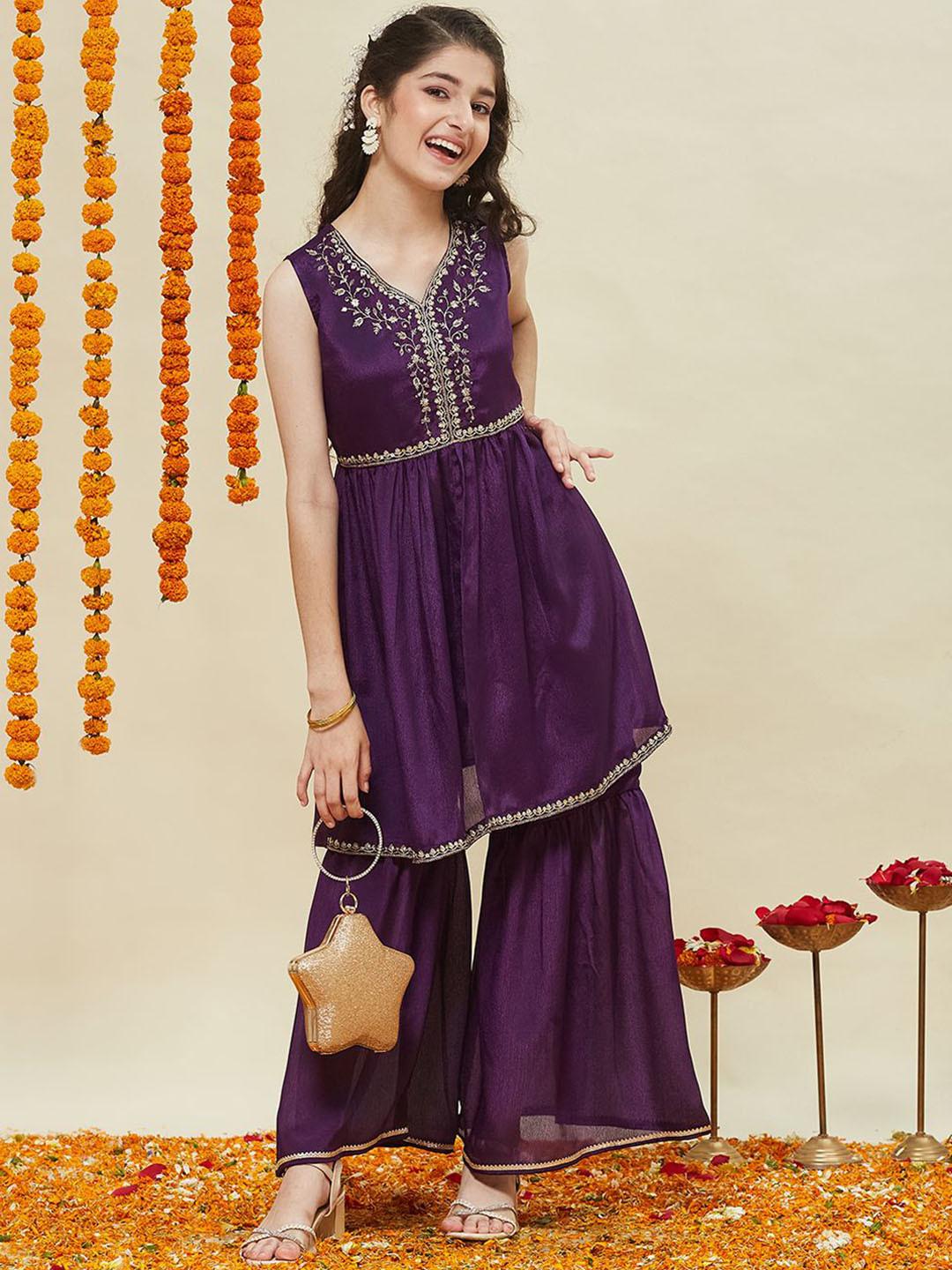 CurlyTales Girls Embroidered Kurta and Sharara Set