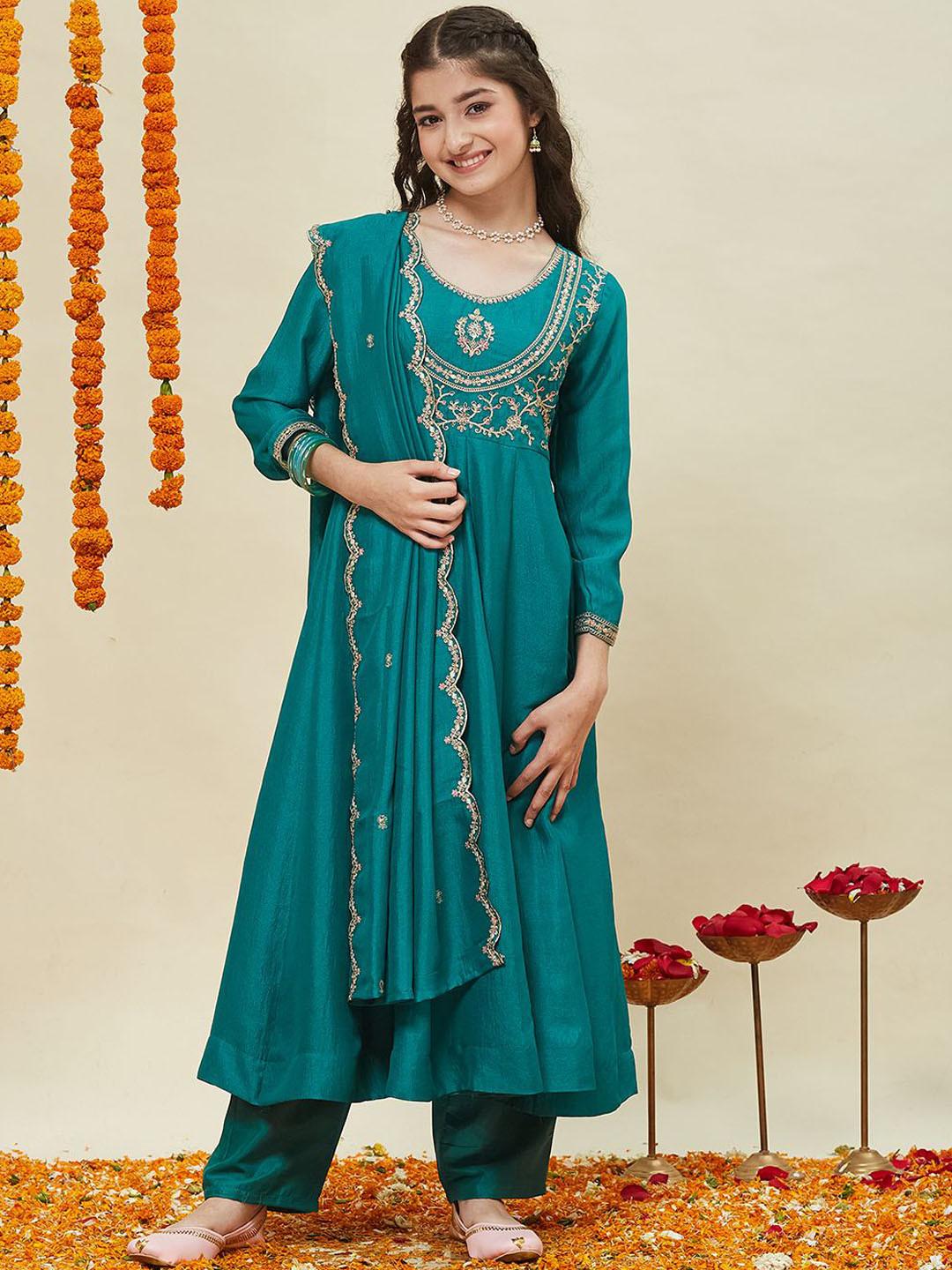 CurlyTales Girls Silk Embroidered Anarkali Kurta and Pant Set with Dupatta