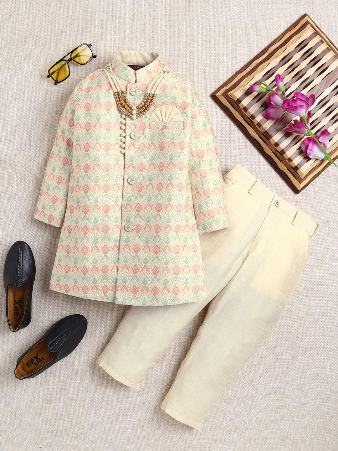 ahhaaaa Boys Floral Printed Regular Thread Work Dupion Silk Kurta with Pyjamas