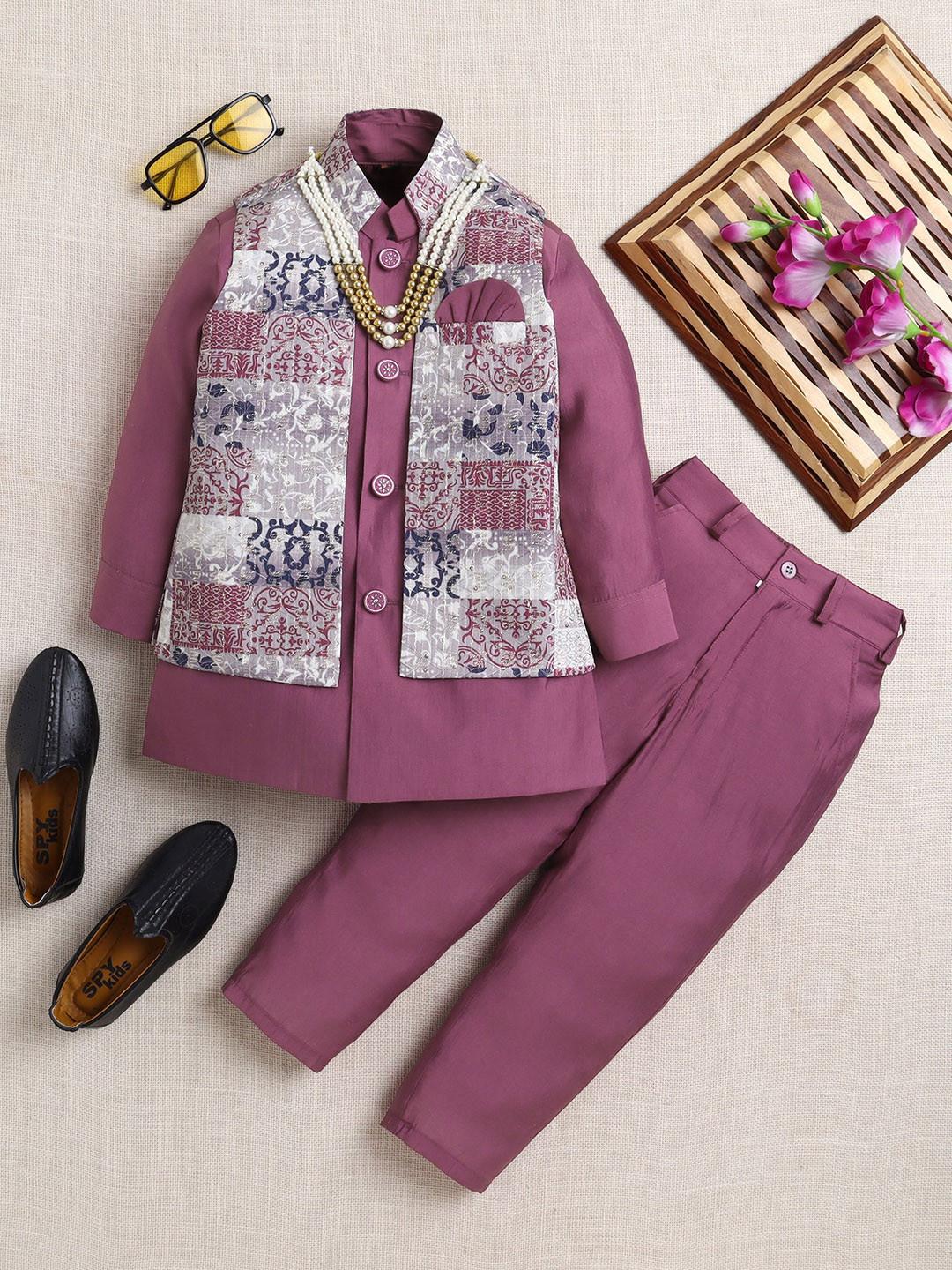ahhaaaa Boys Solid Kurta with Pyjama & Nehru Jacket