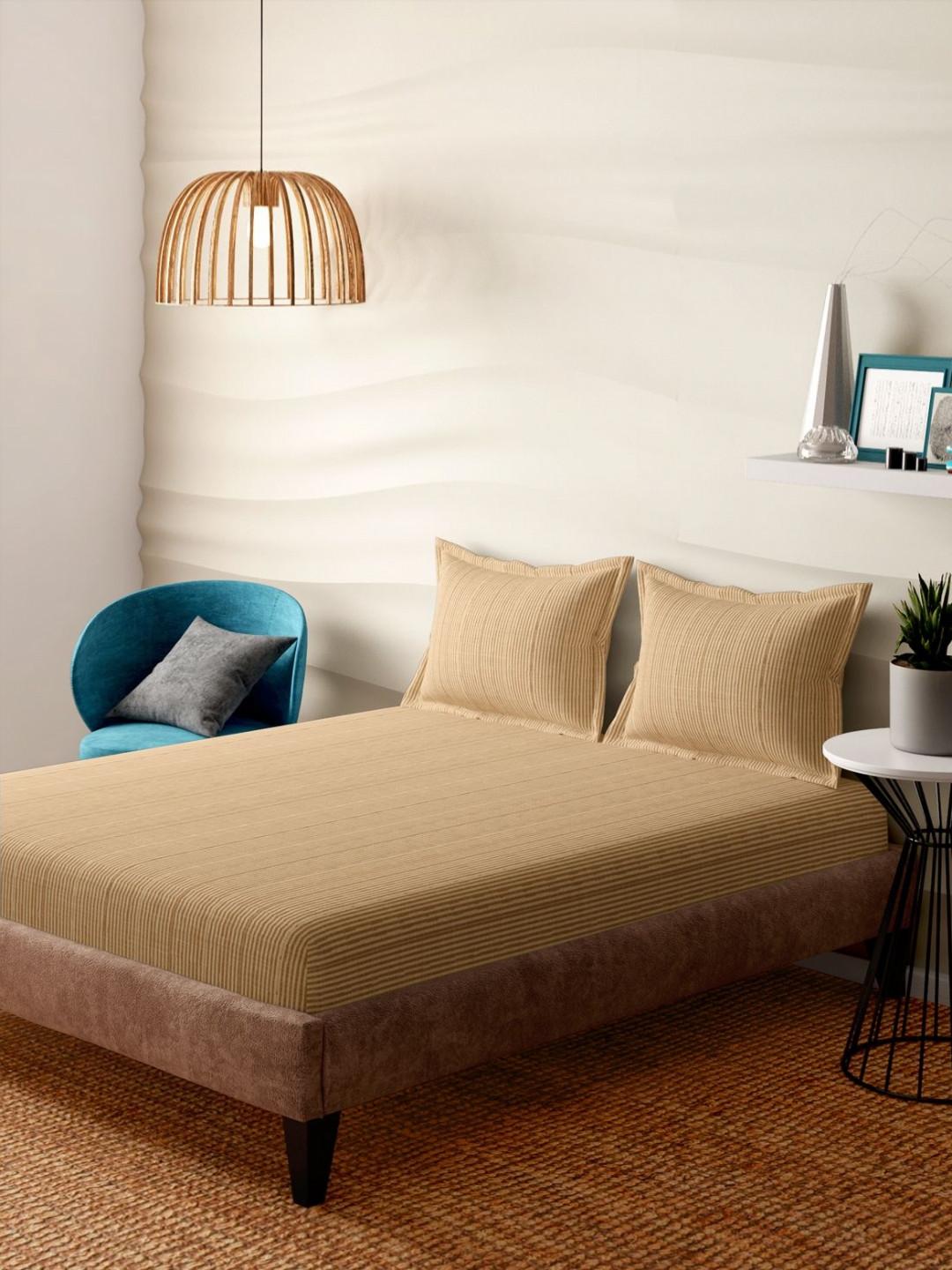 Portico Blendique Brown Striped Cotton 300 TC Queen Bedsheet Set 1.52m x 1.98m