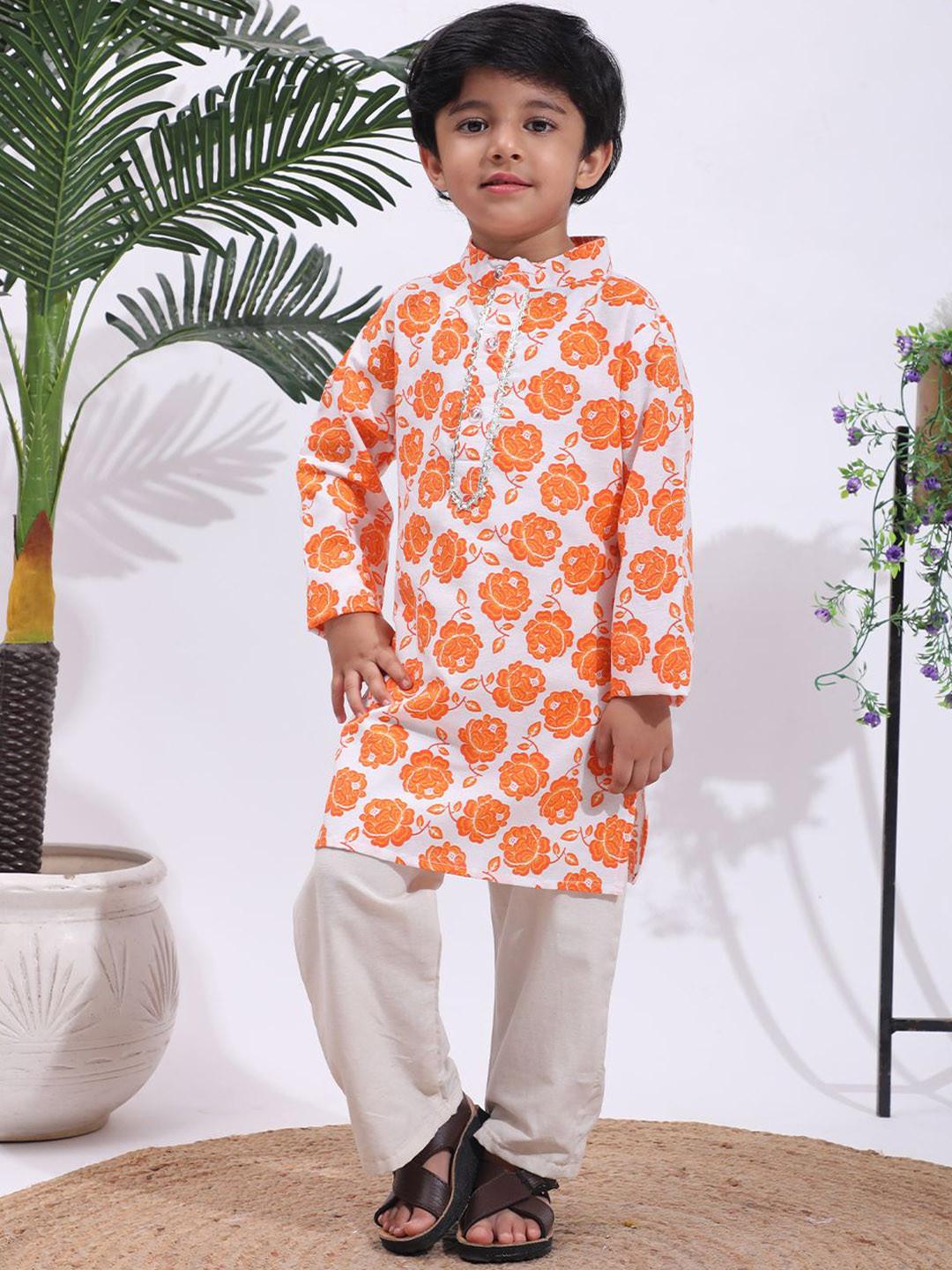 Cutiekins Boys Floral Printed Mandarin Collar Straight Kurta With Pyjamas