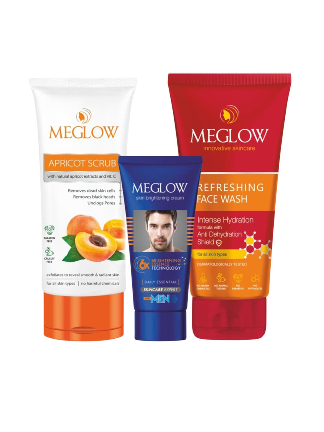MEGLOW Set Of 3 Refreshing Face Wash, Apricot Scrub & Brightening Cream Combo