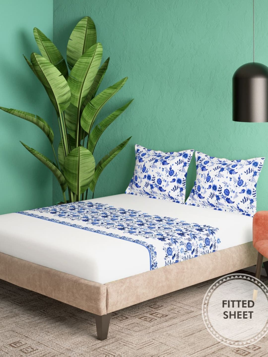 Portico Melodic Living White Floral Cotton 152 TC Fitted King Bedsheet Set-1.80mX1.98m