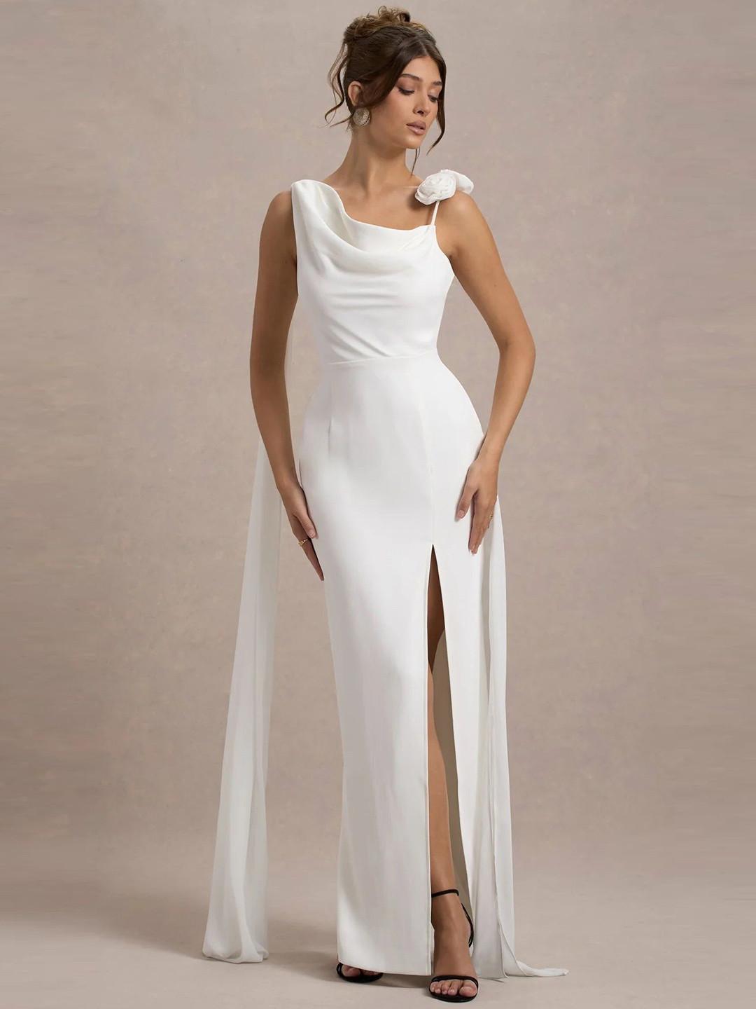 TRAQUILA Women Cowl Neck Applique Backless Georgette Maxi Party Dress With Slits