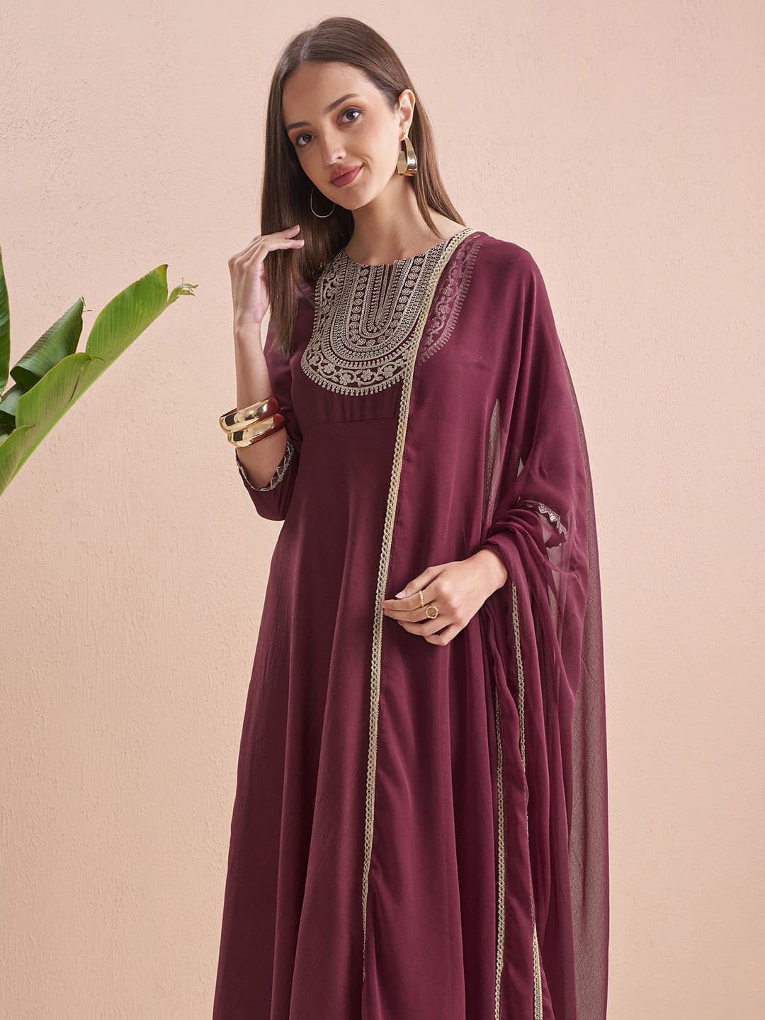 Vishudh Women Embroidered Round Neck Maxi Dress With Dupatta