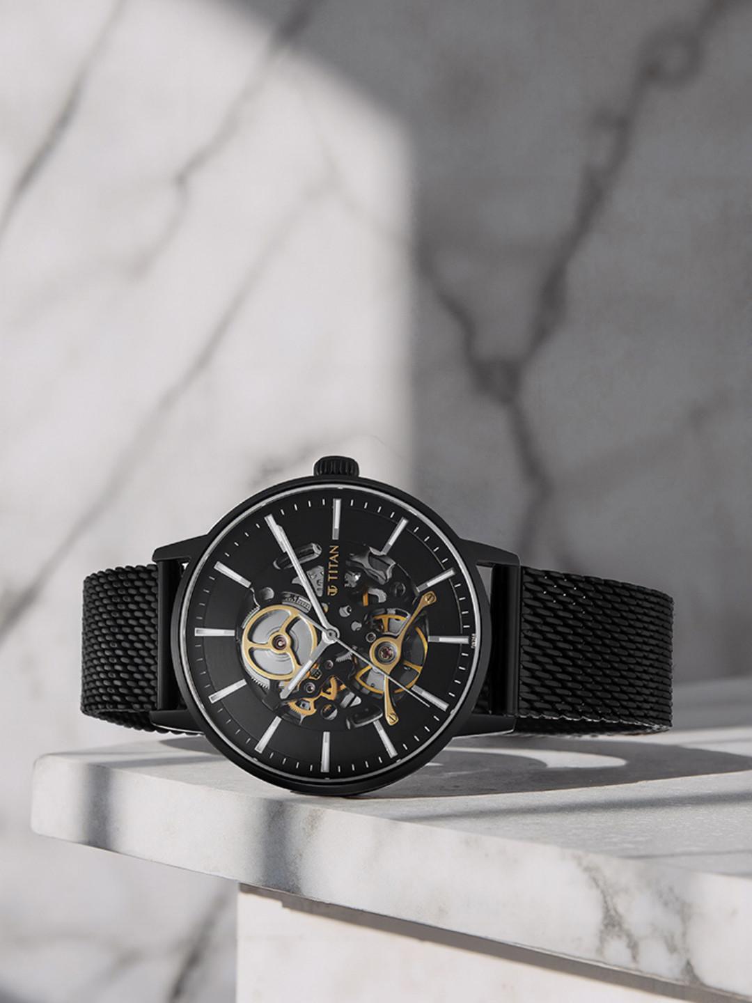 Titan Slimline Mechanical With Black Dial Watch For Men - Nt90159nm01