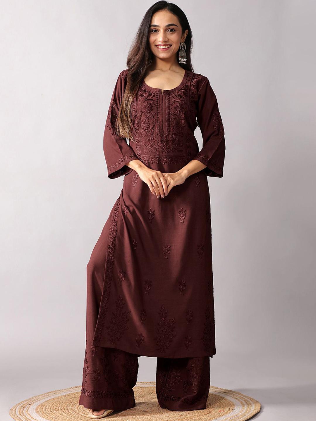 colorkosh Floral Embroidered Notch Neck Thread Work Straight Kurta With Palazzos Set
