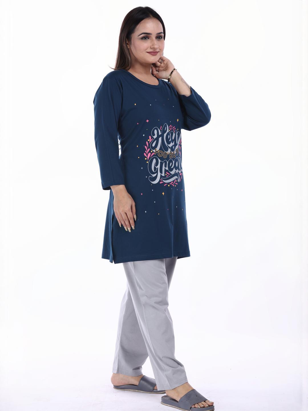 E-MAX Women Blue Cotton Blend Night suits