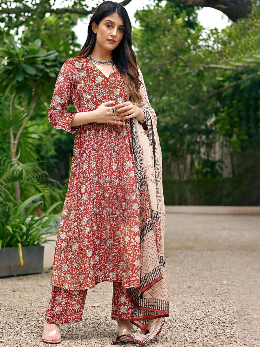 KALINI Women Floral Printed Anarkali Kurta with Palazzo & Dupatta