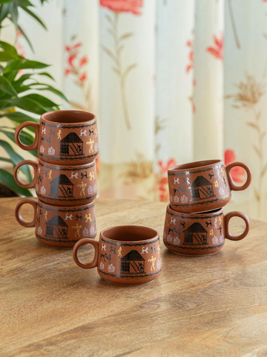 ExclusiveLane Coffee Brown & White 6 Pieces Handcrafted Printed Ceramic Glossy Mugs