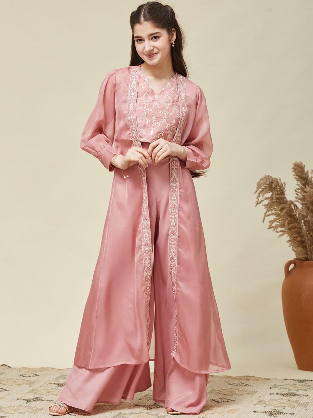 CurlyTales Girls Organza Embroidered Blouse and Kaftan Shrug with Palazzo Set