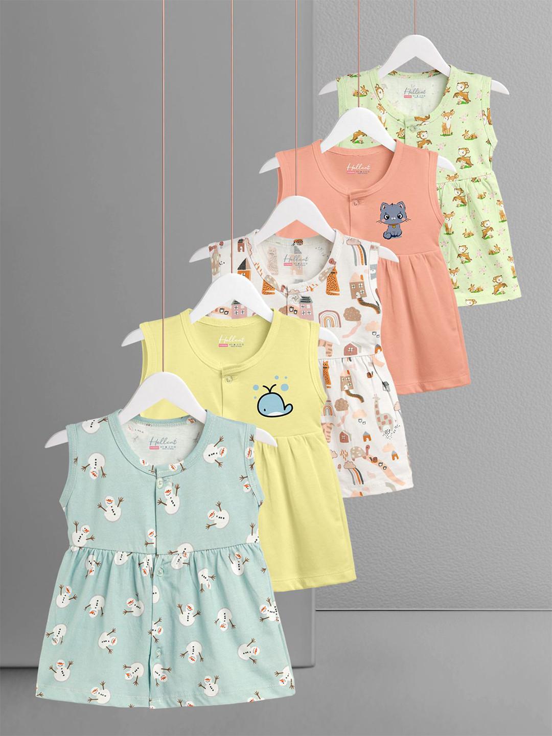 HELLCAT Girls Pack Of 5 Printed Gathered or Pleated Cotton Fit & Flare Dress