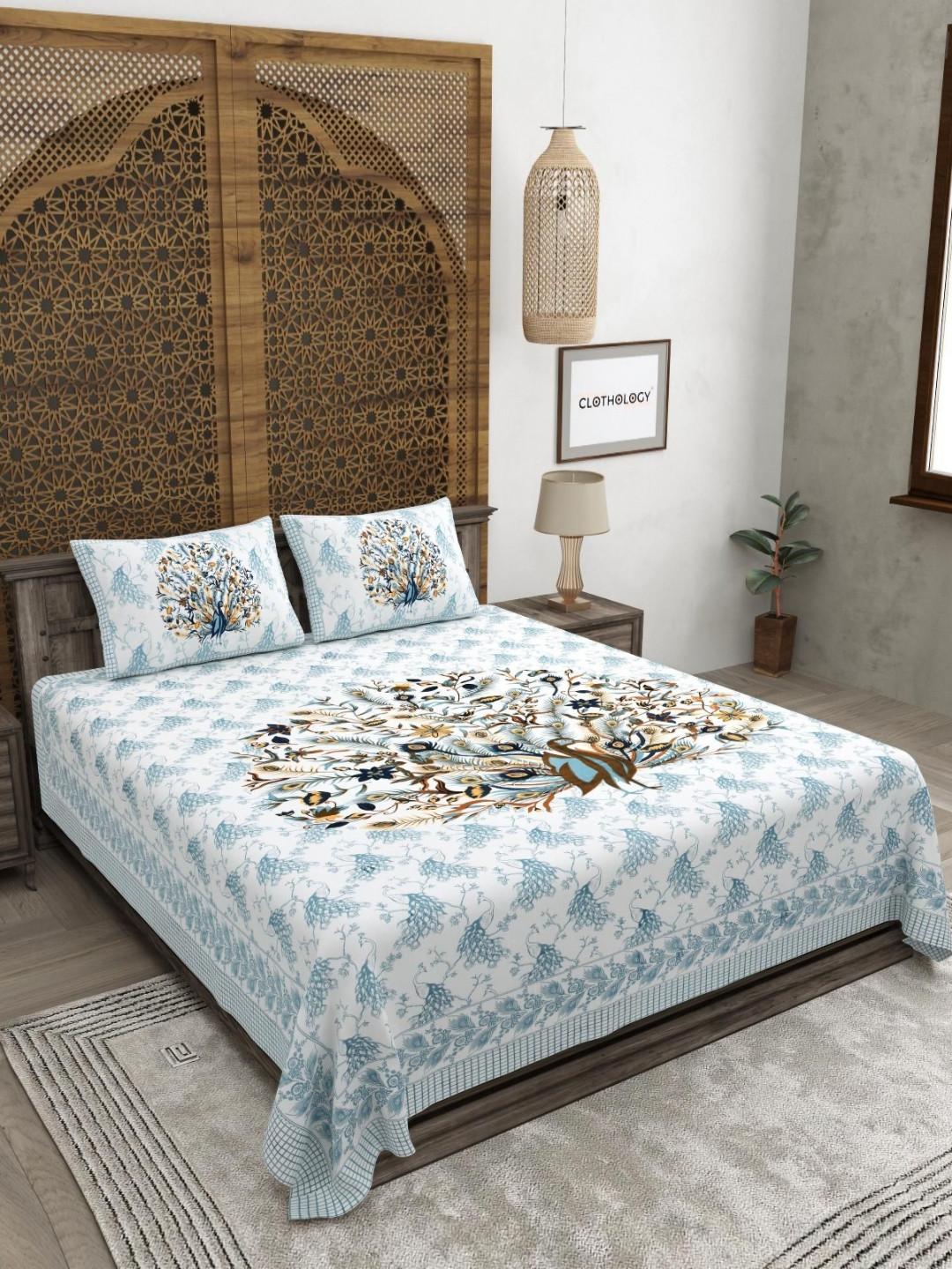 CLOTHOLOGY Sapphire & Gold Dancing Peacock Mayura Bagh 180 TC Cotton King Bedsheet with 2 Pillow Cover