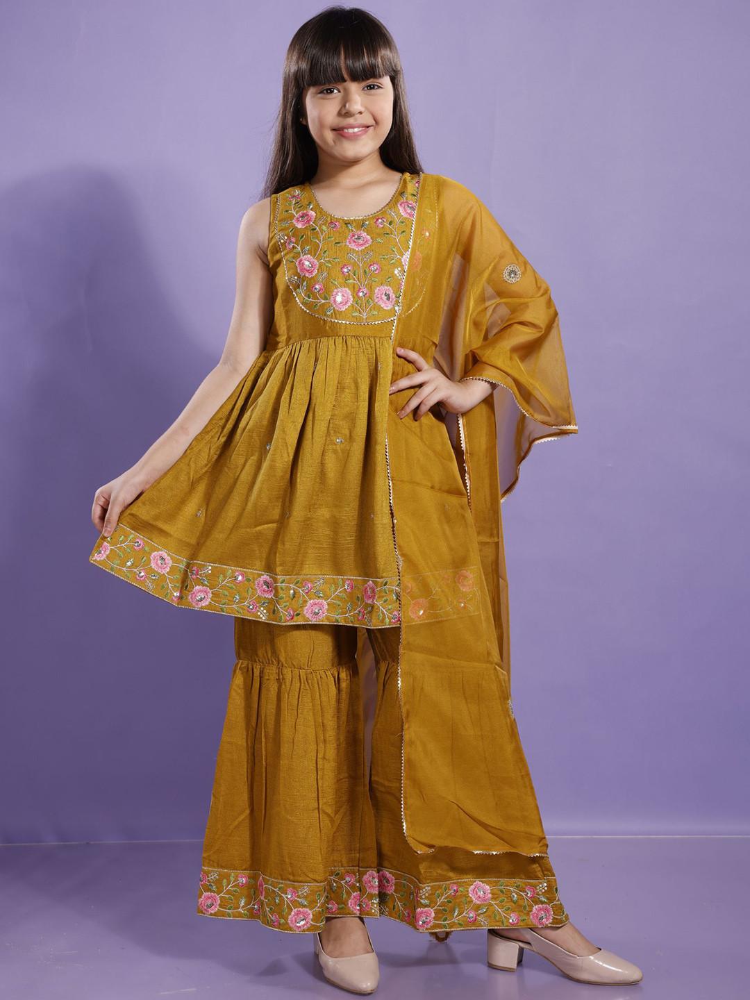 CurlyTales Girls Silk Embroidered Kurta and Sharara Set with Dupatta