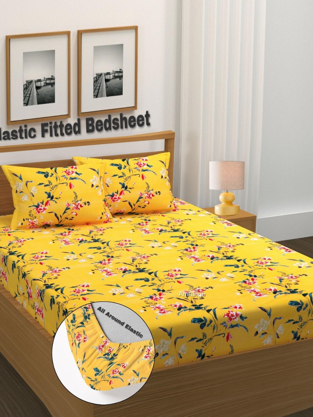 AMRANGE Yellow Printed Fitted Microfiber 210 TC Double King Bedsheet Set 1.8m x 1.9m