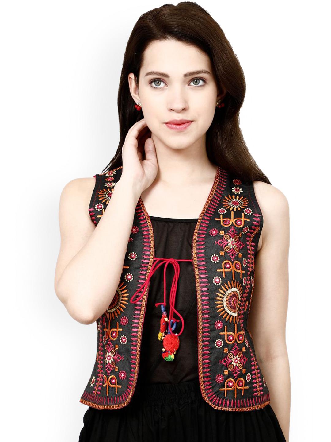Prijam Women Collarless Self Design Ethnic Denim Jacket