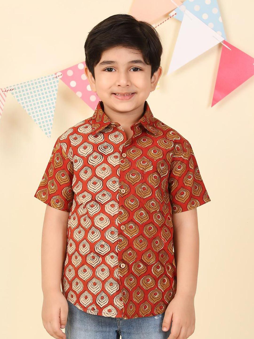 Fabindia Boys Ethnic Motifs Bagru Printed Spread Collar Cotton Casual Shirt