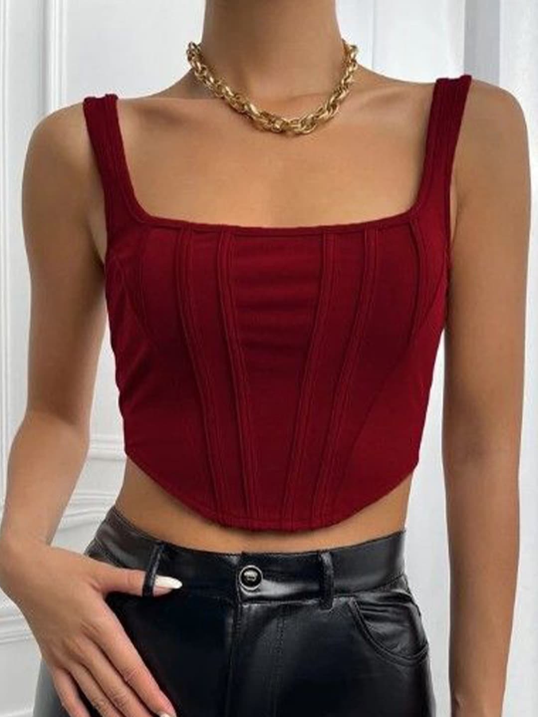 Projas Women Self Design Square Neck Crop Top