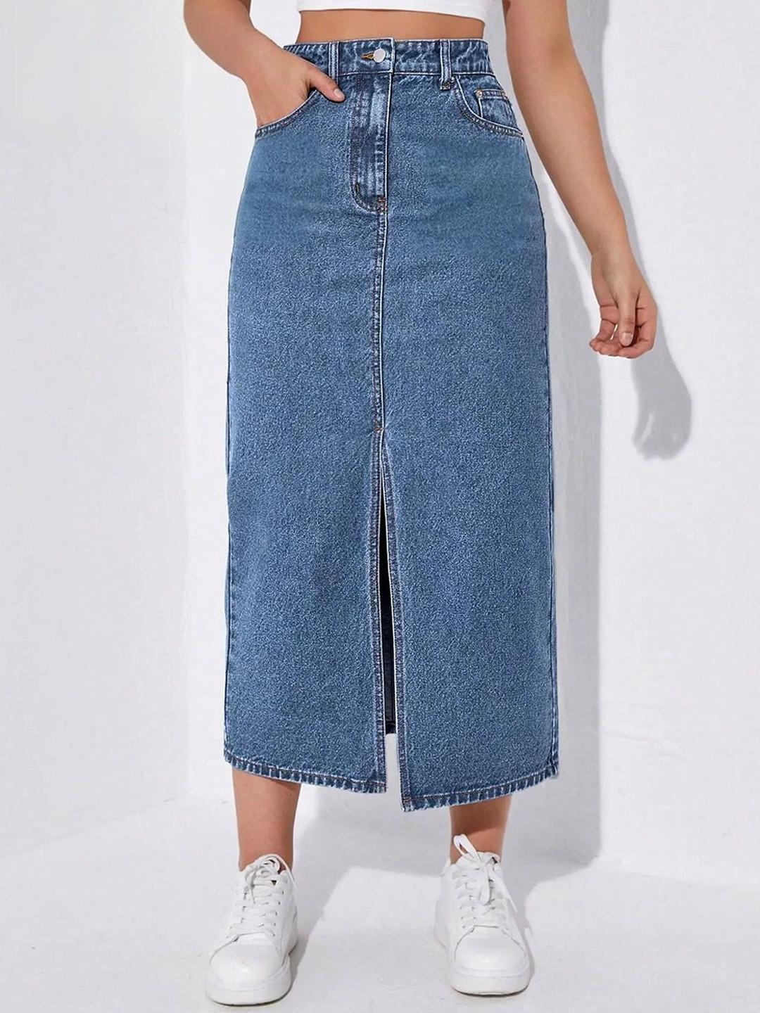 dolsia Women Front Slits Denim Straight Midi Skirts