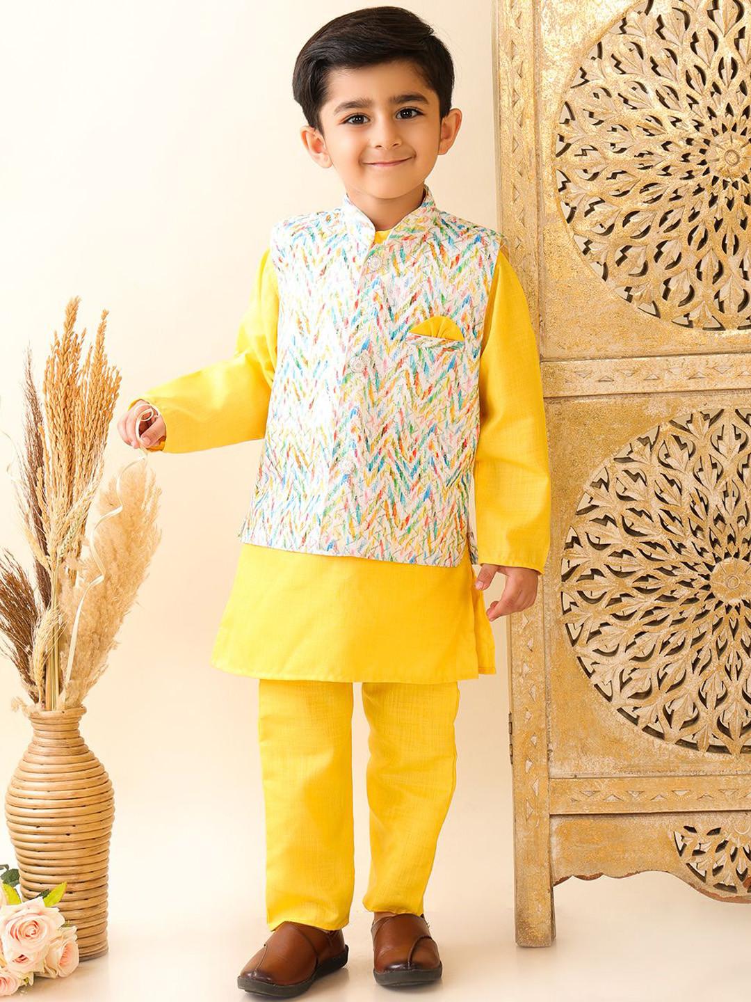 Superminis Boys Printed Pure Cotton Straight Kurta with Pyjama & Jacket Set
