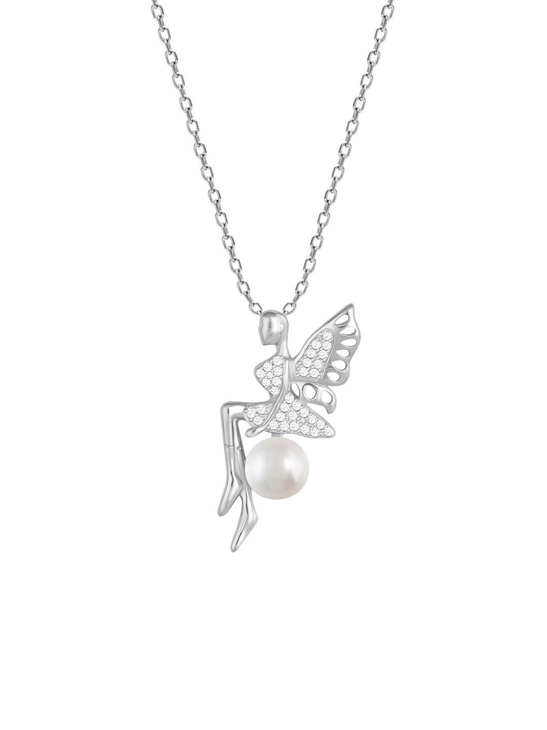 GIVA 925 Silver Rhodium-Plated Angel Pearl Pendant with Chain