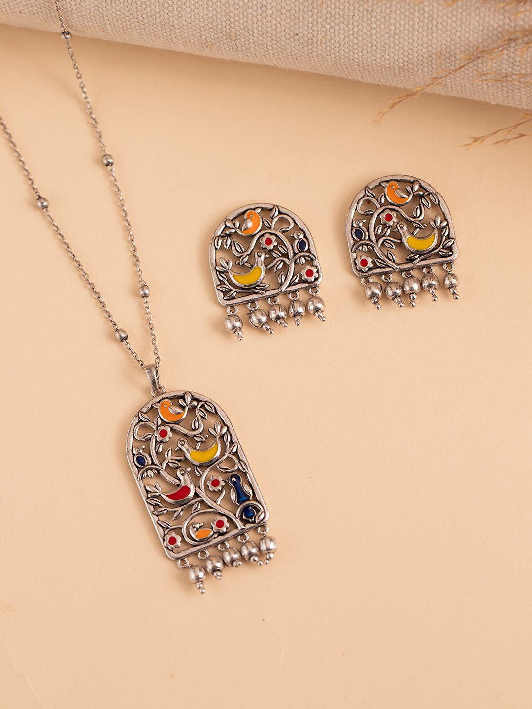 Madhubani Pakhi Oxidised Enamel Pendant Set